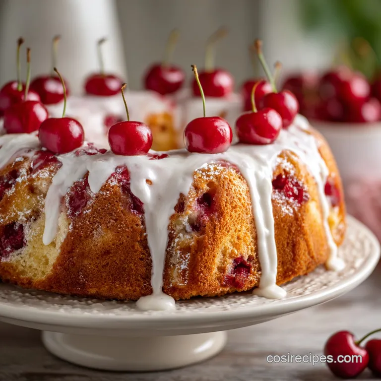 Slice of tender pink cake with cherry bits, topped with fluffy white frosting. A sweet treat, ready to be enjoyed.