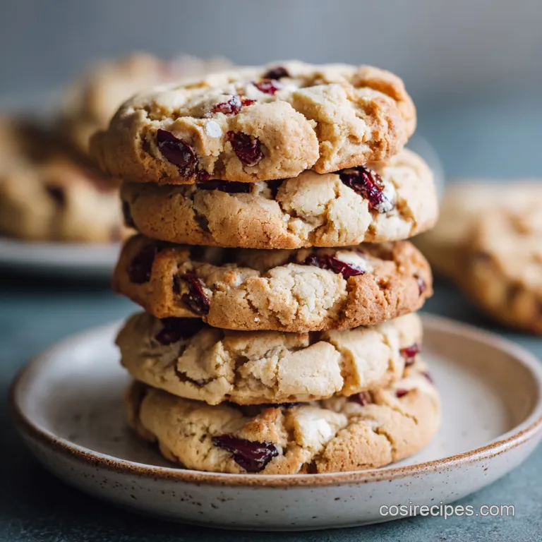 A stack of freshly baked cherry chip cookies arranged on a rustic wooden plate, showcasing their soft texture and colorful...