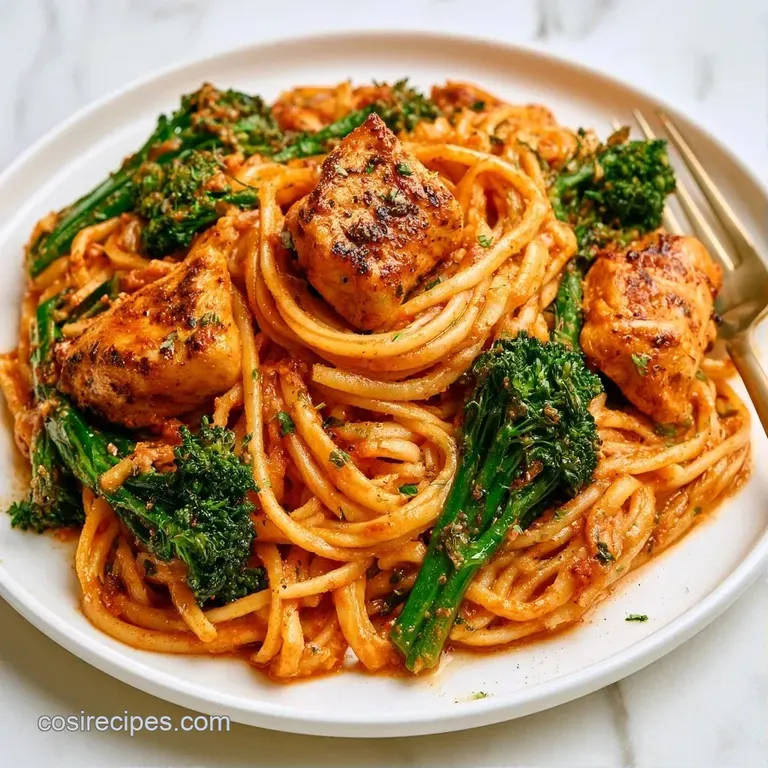 Al dente pasta swirled elegantly on a white plate with seared poultry and roasted greens topped with parmesan.