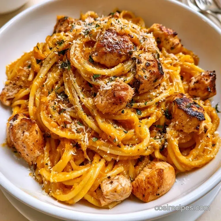 A swirl of pasta in a white ceramic bowl with roasted squash cubes and seared chicken, garnished with sage leaves.