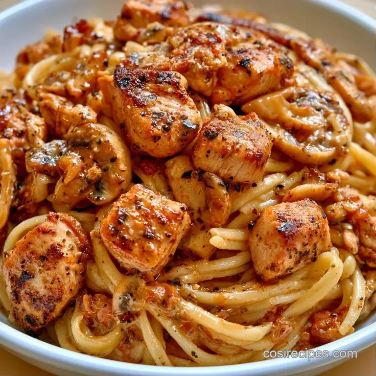 Elegant swirl of creamy pasta topped with golden chicken and browned mushrooms on a matte neutral ceramic plate.