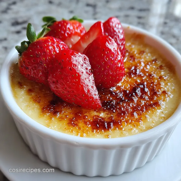 Individual creme brulee elegantly plated, showing the glossy, crackled surface and creamy yellow custard beneath, garnishe...