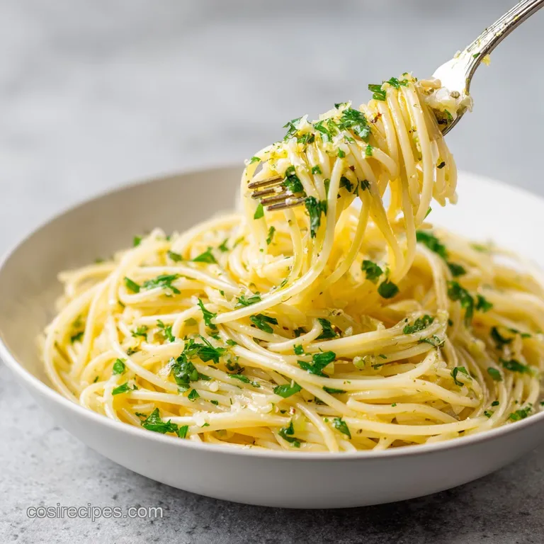 An elegant swirl of spaghetti, lightly coated in garlic-infused oil, artfully arranged with a garnish of fresh parsley.