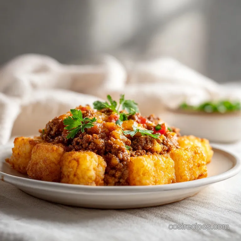 A generous scoop of hearty tater tot casserole, showcasing tender beef and a crown of crisp tots, artfully plated.