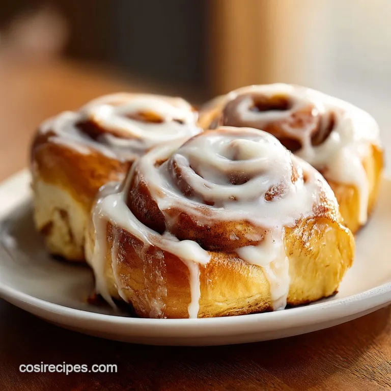 A warm, golden-brown cinnamon roll on a white plate, drizzled with glossy cream cheese icing.