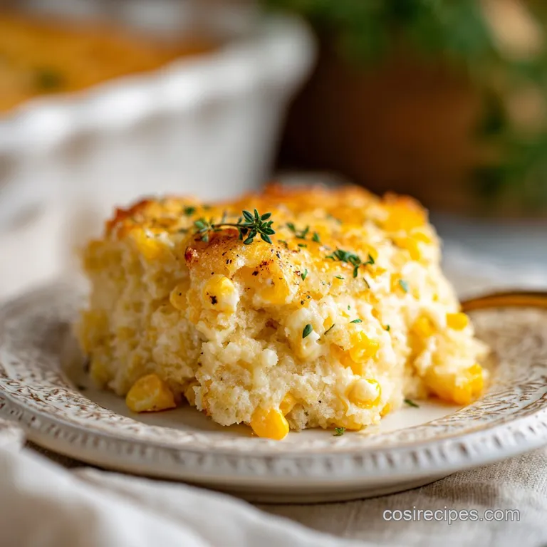 A scoop of warm corn casserole, glistening and fluffy, sits beside a rustic loaf of bread.