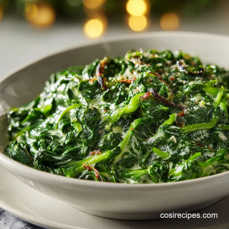 A golden-brown gratin dish overflowing with luscious, creamy spinach, ready to be served.