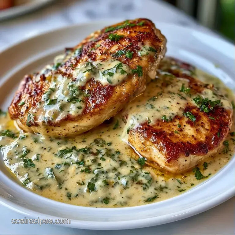 Plated chicken breasts in a velvety white herb sauce, garnished with fresh greens on a minimalist white ceramic plate.