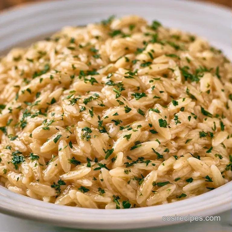 Creamy garlic and herb pasta served in a shallow white bowl, garnished with a sprig of fresh green parsley.