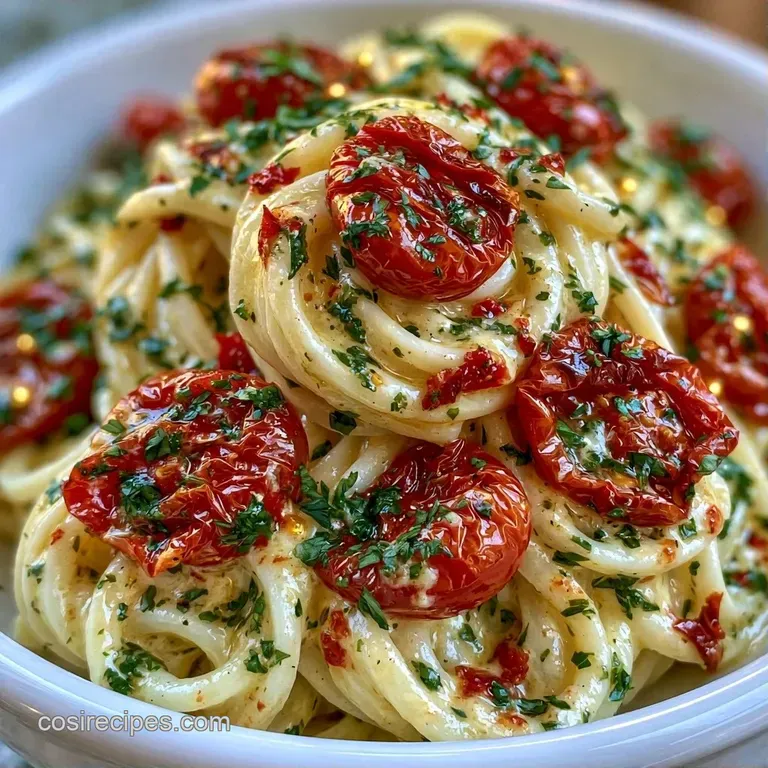 Elegant plate of creamy pasta with blistered red tomatoes and a sprinkle of fresh green herbs on a white background.