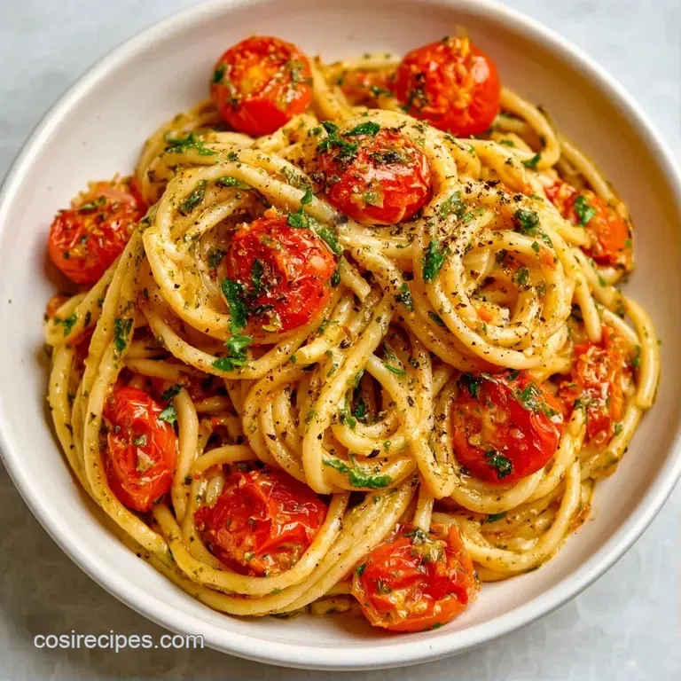 Elegant swirl of creamy white pasta with charred red tomatoes and fresh basil leaves on a dark slate plate.