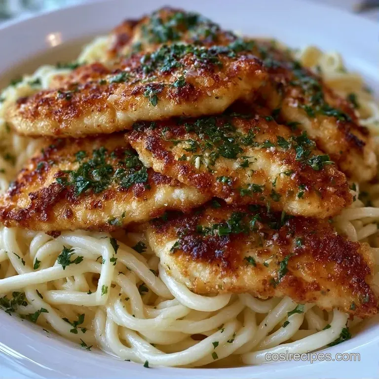 Elegant swirl of pasta in a white bowl, topped with seared chicken breast and a dusting of fresh green parsley.
