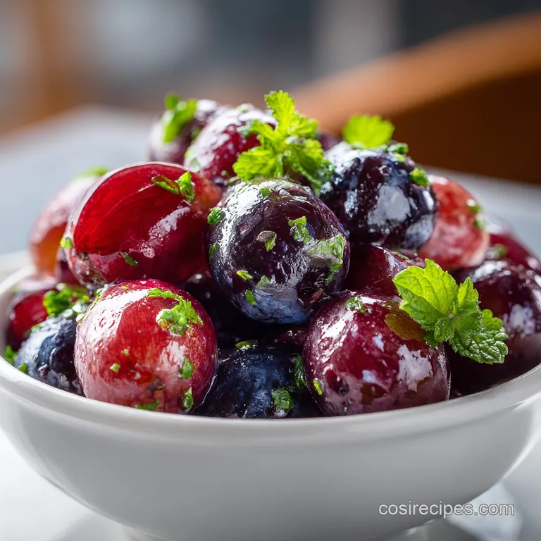 A vibrant swirl of creamy grape salad presented elegantly in a white ceramic bowl, topped with a sprinkle of toasted pecans.