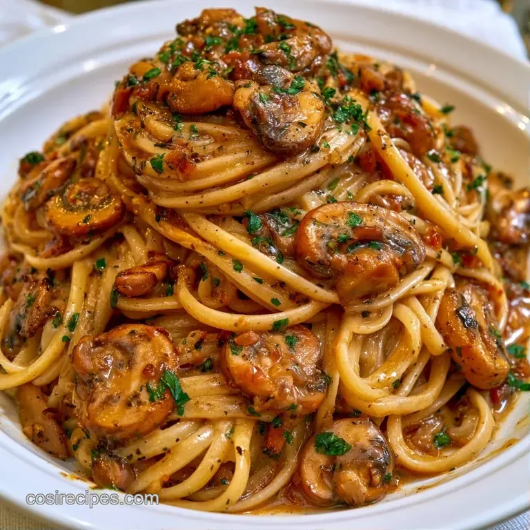 Twirled pasta nests coated in a glossy white sauce with earthy mushrooms and a dusting of grated parmesan cheese.