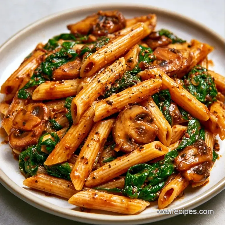 Twirled pasta nests topped with saut&eacute;ed mushrooms and wilted spinach, dusted with parmesan on a white ceramic plate.