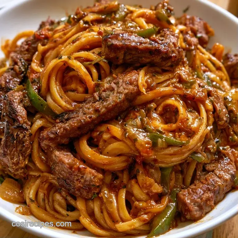 A white porcelain bowl filled with creamy pasta, seared beef, and vibrant peppers, topped with melted cheese.