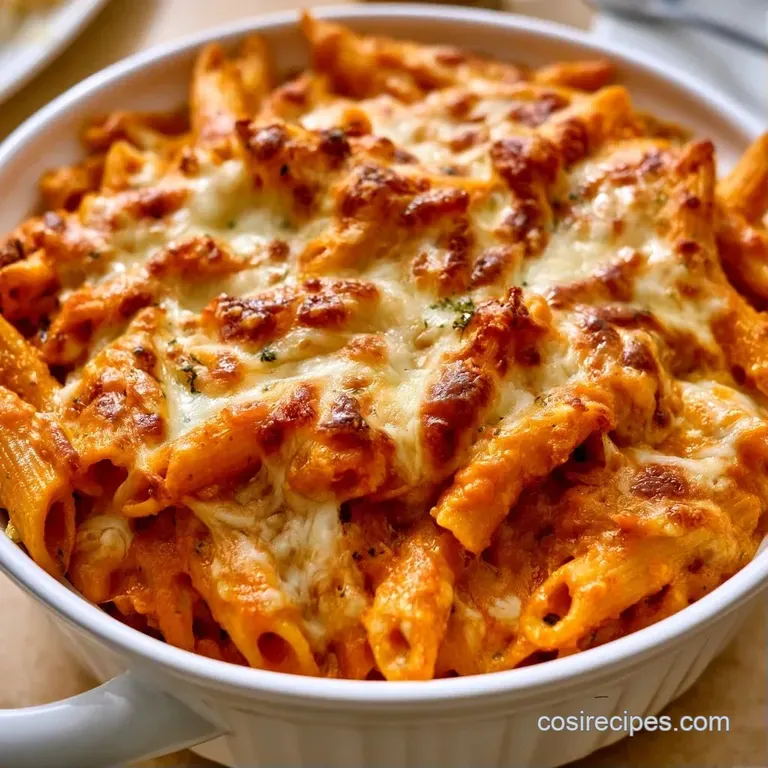 A creamy portion of orange pasta topped with melted mozzarella on a slate grey plate with a sprig of fresh thyme.