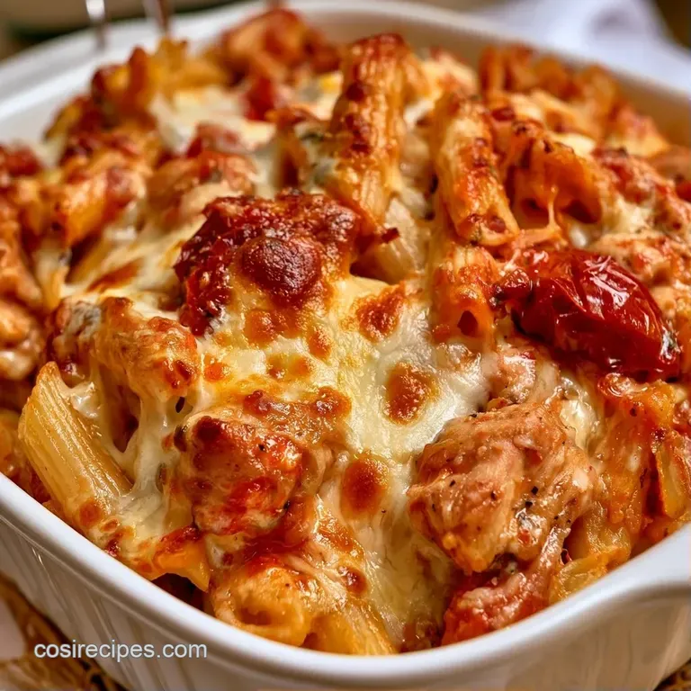 Elegant swirl of creamy pasta with golden chicken, deep red tomatoes, and a sprinkle of fresh green herbs.