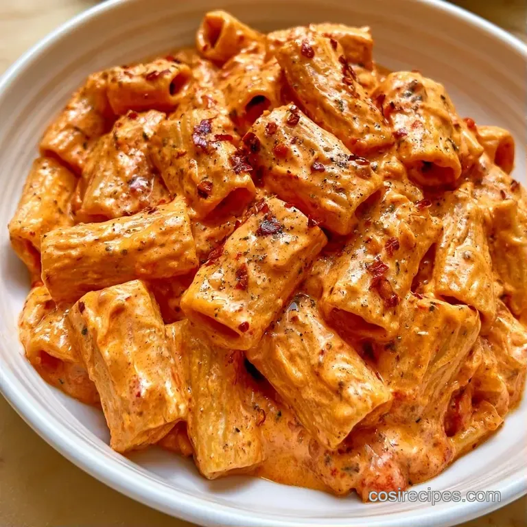 Elegant white plate of pasta tossed in a velvety orange cream sauce, garnished with fresh basil and cracked pepper.