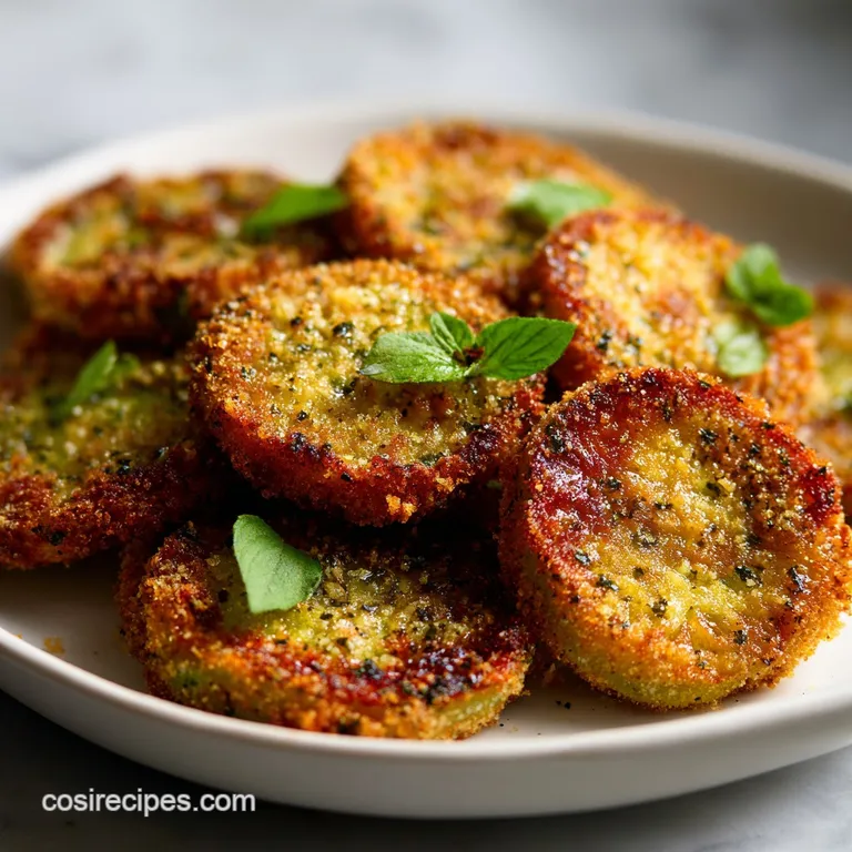 Plated fried green tomatoes, golden and crisp, drizzled with creamy white sauce, alongside a vibrant green salad with herbs.