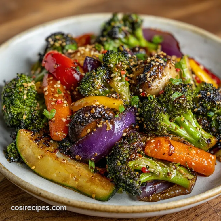 Perfectly seared vegetables, glistening with oil, artfully arranged in a white bowl. Steam rises to enhance freshness and ...