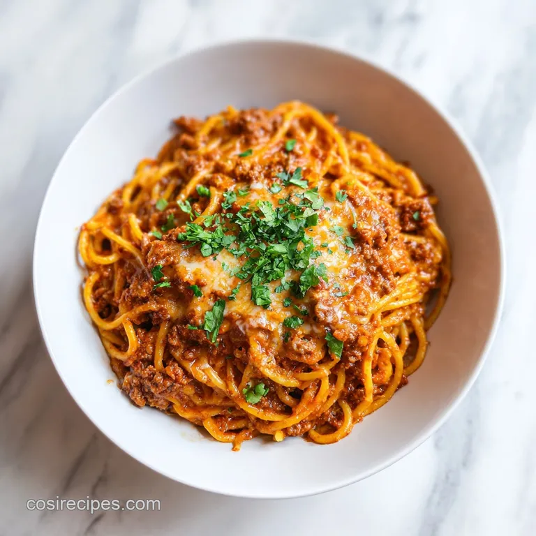 A generous portion of saucy taco spaghetti plated with a dollop of sour cream and a sprinkle of fresh cilantro.