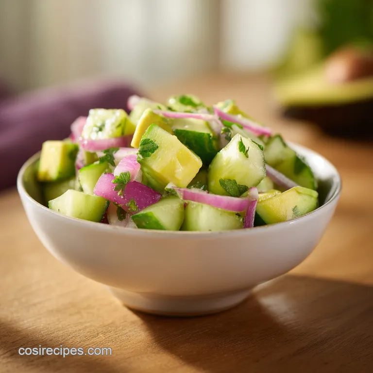 Vibrant green salad in a white ceramic bowl, garnished with thin red onion slivers and fresh cilantro leaves.