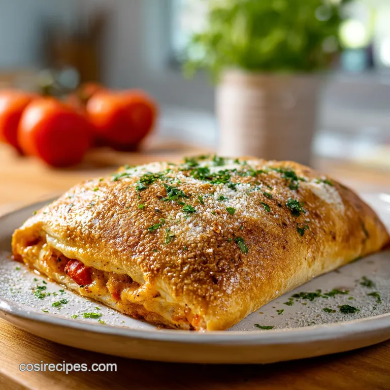 A slice of baked stromboli, cheese stretching, nestled beside a fresh green salad and a side of marinara.