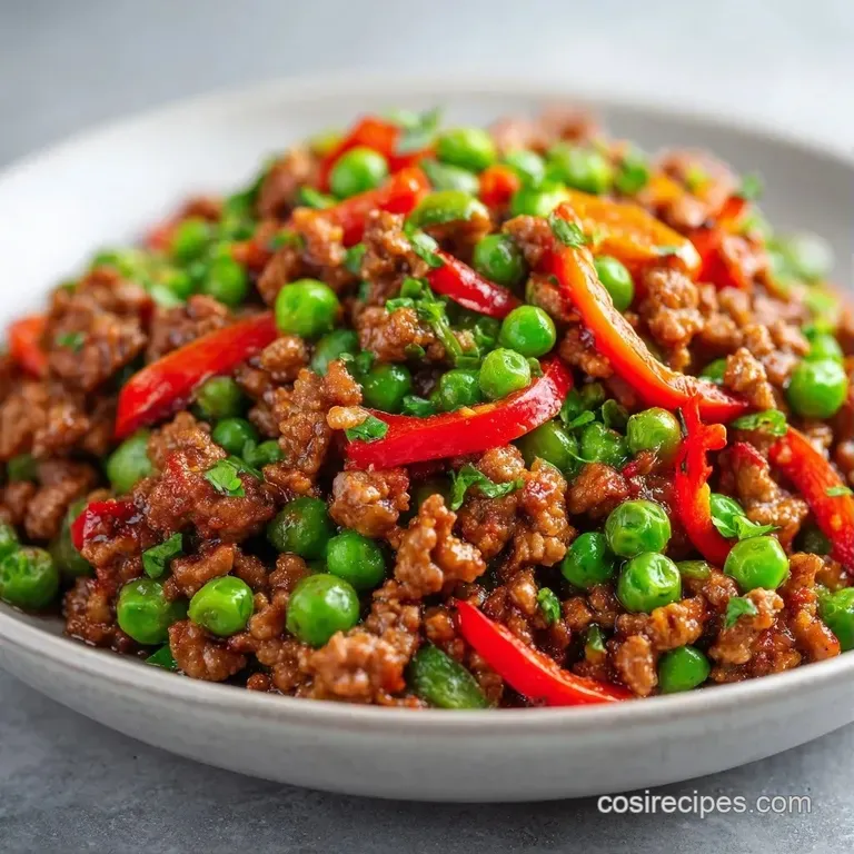 A cast-iron skillet filled with tender beef and vibrant mixed vegetables served on a rustic wooden table.