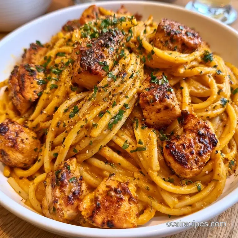 Elegant white bowl of creamy orange pasta and golden chicken, finished with shaved parmesan and fresh sage.