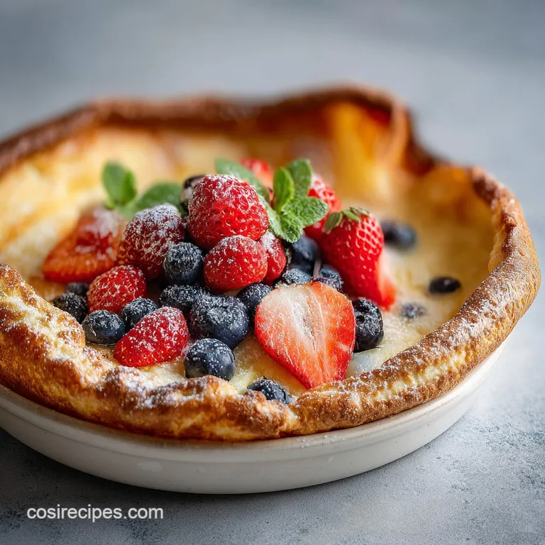 Wedge of fluffy Dutch baby pancake on a plate. Berries & powdered sugar adorn it. Warm steam rises, inviting you to dig in.