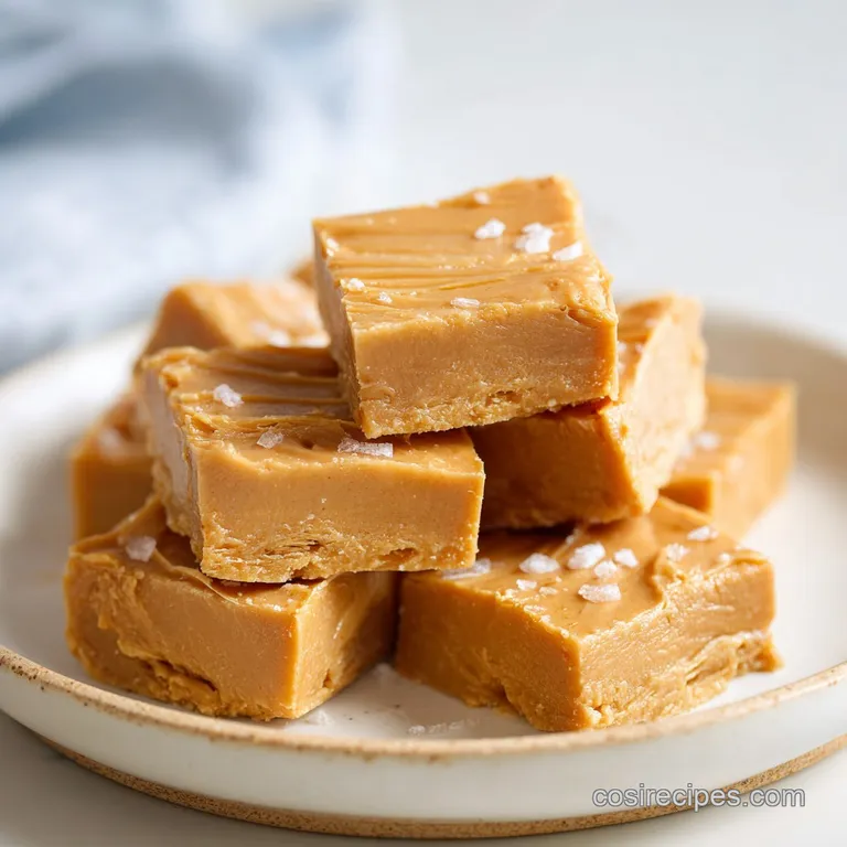 A neat stack of creamy peanut butter fudge squares, dusted with a touch of cocoa, presented on a rustic wooden board.