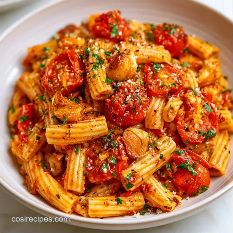 A shallow white ceramic bowl of red pasta garnished with golden garlic chips and a sprig of fresh green parsley.