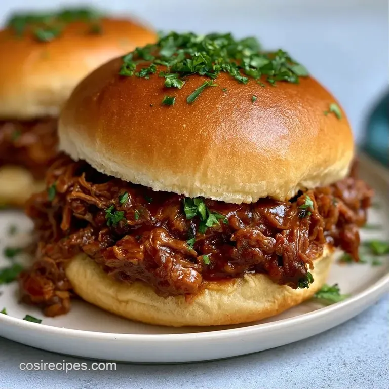 Toasted buns overflowing with savory brown meat on a rustic wooden board with a side of crisp, bright green pickles.