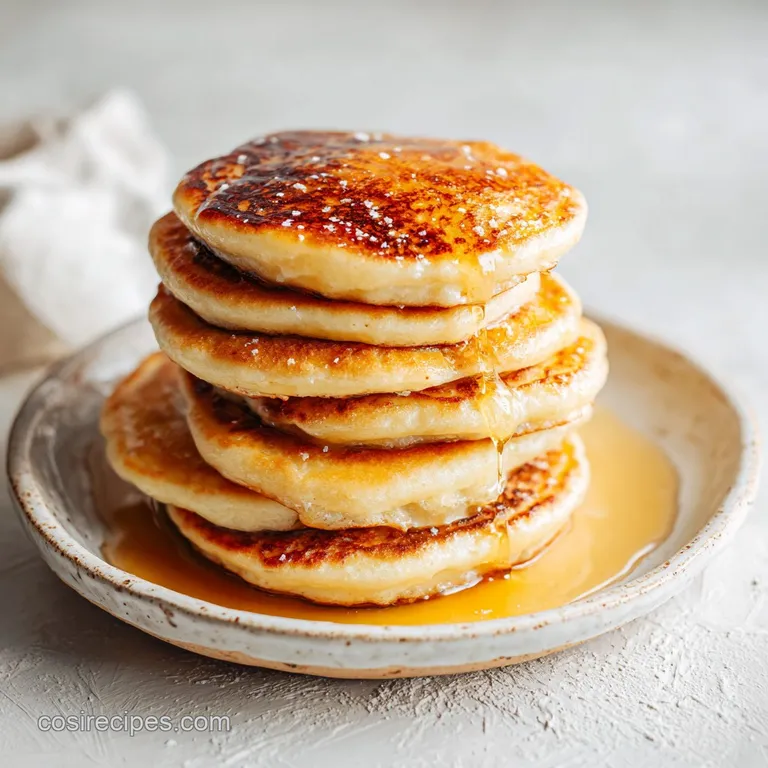 Elegant plated almond flour pancakes. Soft stack topped with fresh berries, powdered sugar dust, and a side of maple syrup.