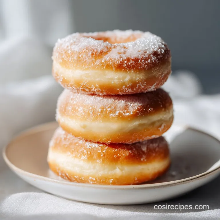 Stack of soft, pillowy doughnuts glistening with a sugary glaze, ready to eat and served on a plate.