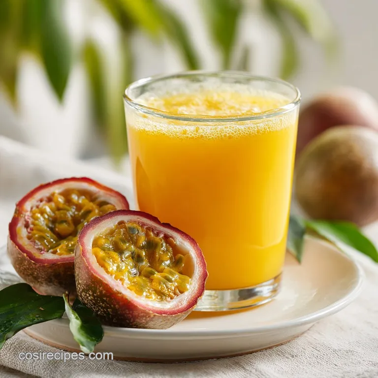 A tall, elegant glass filled with golden-orange passion fruit juice, topped with a fresh mint sprig.