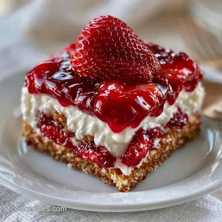 Neatly sliced dessert squares showcasing a golden crumb base, white cream layer, and vibrant glazed strawberries.