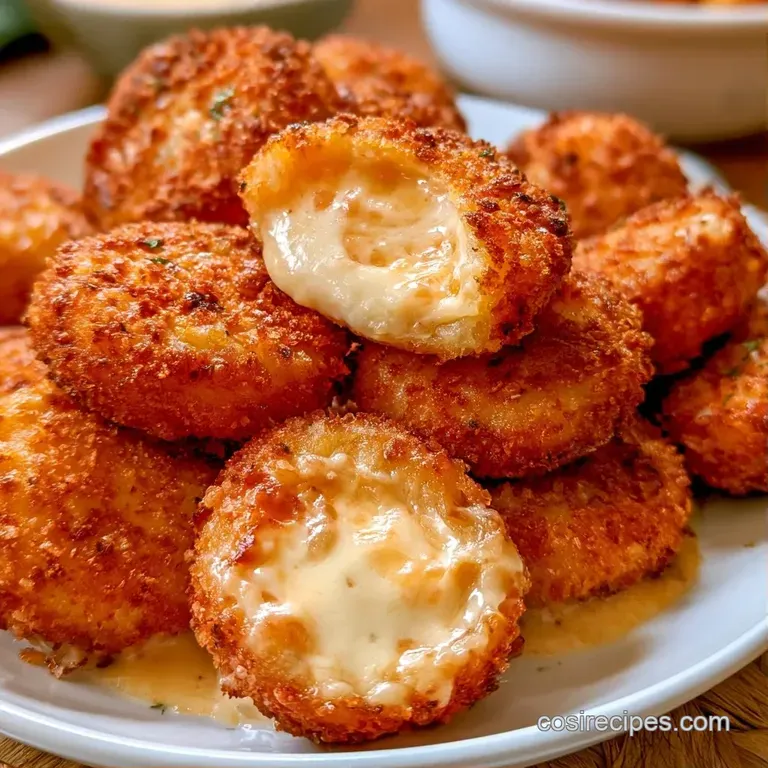 Crispy golden cheese spheres arranged on a slate board with a side of vibrant red pepper jam and fresh herb sprigs