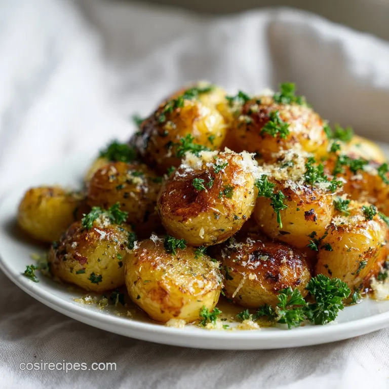 Roasted potato cubes piled high in a white ceramic bowl, dusted with parmesan and sprinkled with vibrant green herbs.