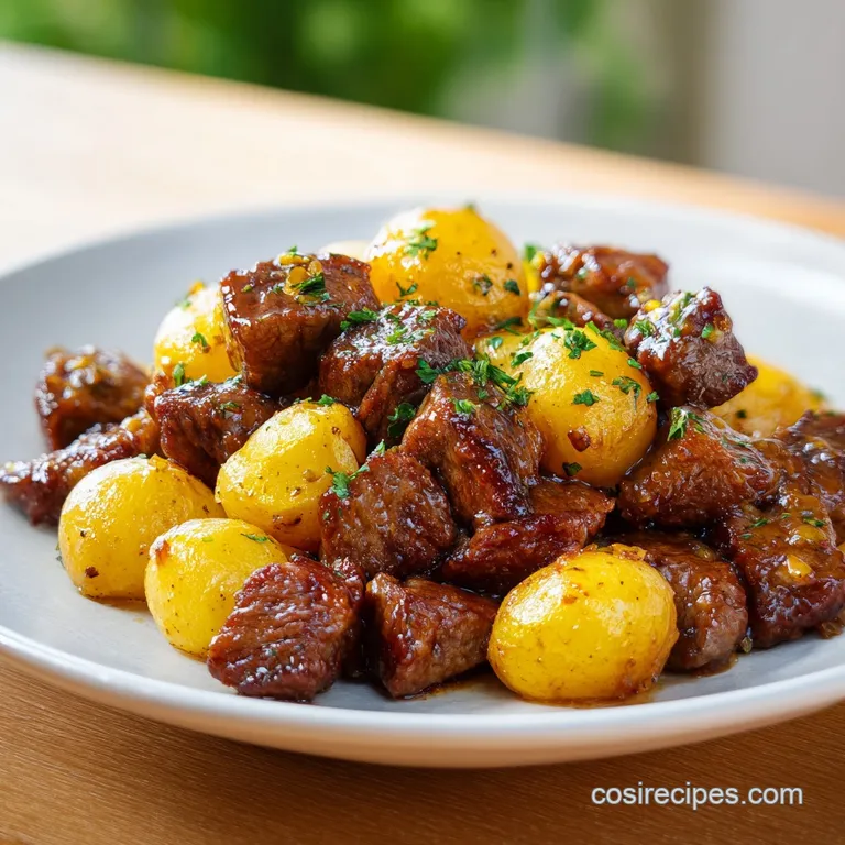 Golden-brown steak cubes and crispy potatoes plated elegantly with a drizzle of garlic butter and fresh greenery.