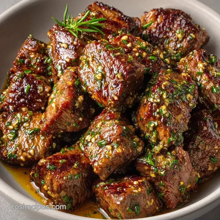 Perfectly browned cubes of beef resting on a white plate, glistening with butter and topped with fresh herbs.