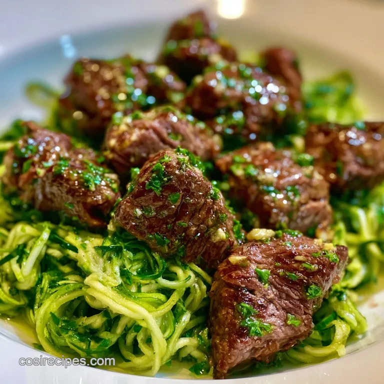 Tender browned beef cubes piled high on a white plate, garnished with bright green parsley and melted butter.