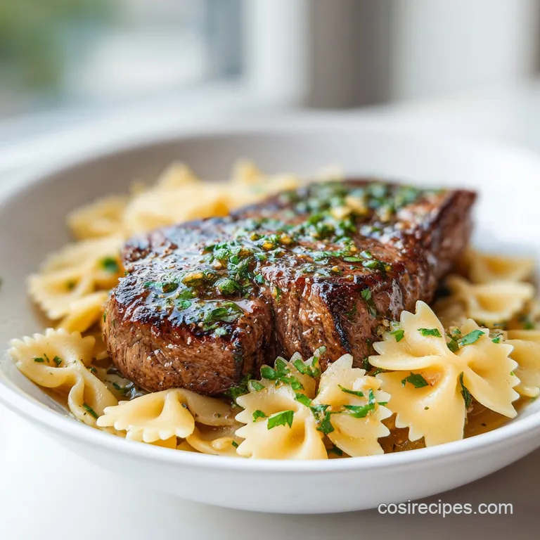 A perfectly cooked steak sits atop a swirl of creamy bowtie pasta, garnished with vibrant green herbs and garlic.