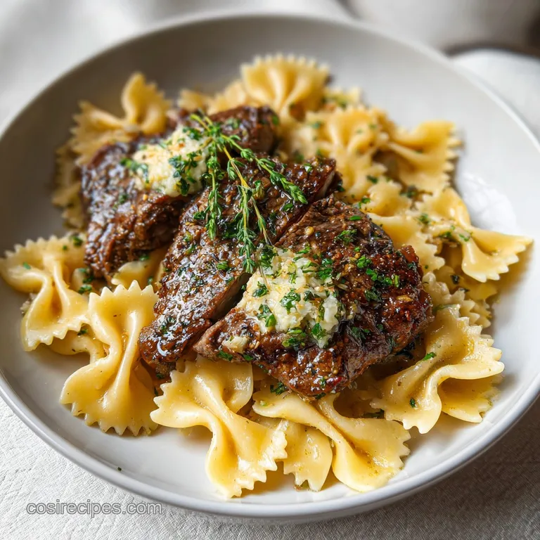 Garlic Butter Steak with Creamy Bowtie Pasta and Fresh Herbs