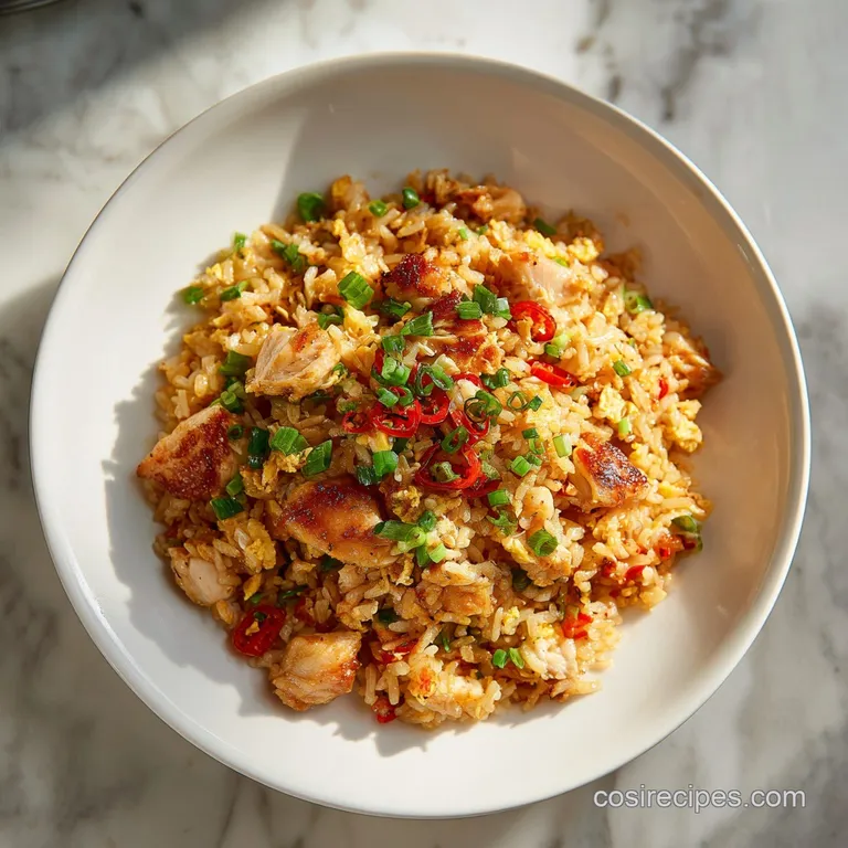 Steaming portion of fried rice artfully plated, showcasing glistening grains, tender chicken, and crispy garlic bits.