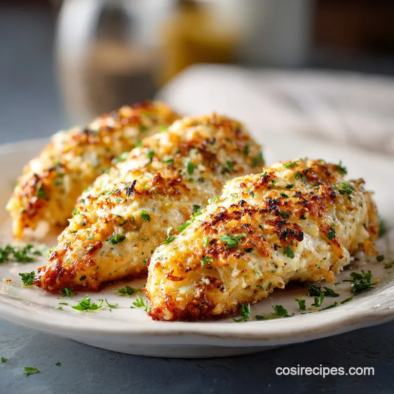 Golden-brown chicken breasts topped with bubbly parmesan cheese, served on a white plate with steamed asparagus.