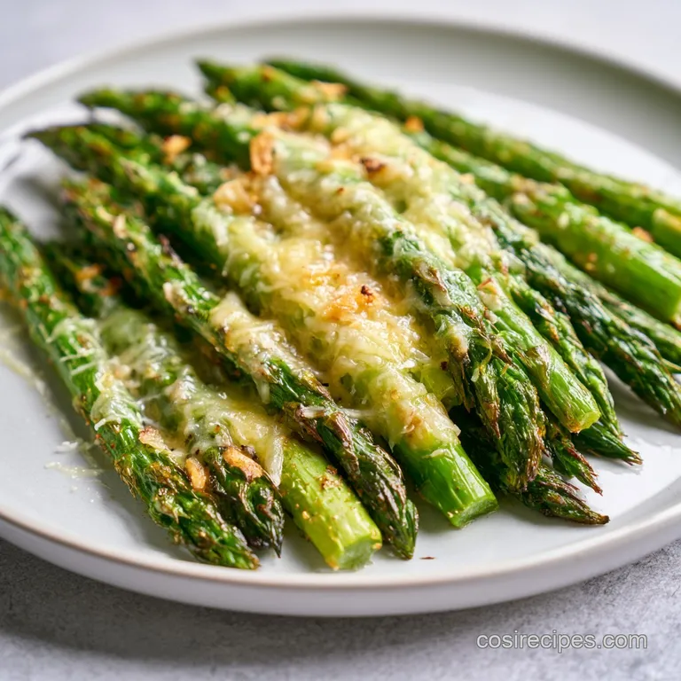 Vibrant green asparagus stalks neatly lined on a ceramic plate, dusted with toasted cheese and cracked black pepper.