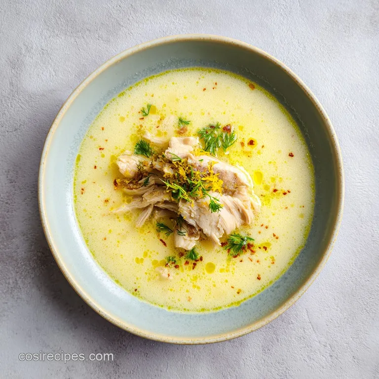 A rustic earthenware bowl filled with creamy soup, topped with flecks of dill and a bright lemon slice.