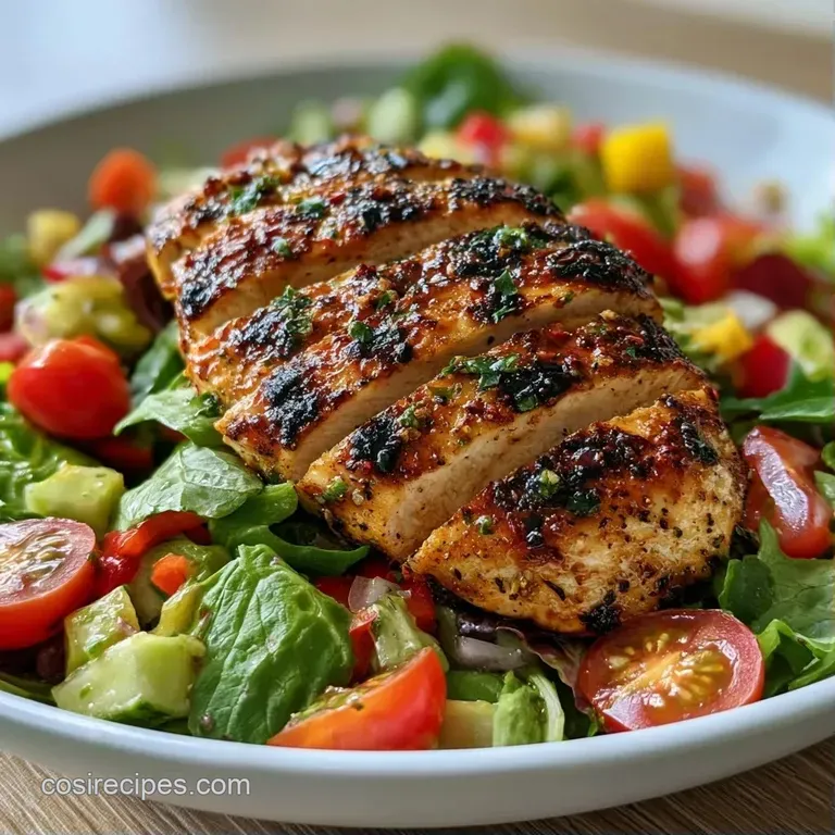A bright ceramic bowl filled with vibrant mixed greens, sliced avocado, and golden grilled meat in soft lighting.